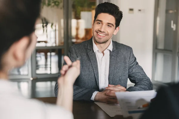Business Career Placement Concept Smiling Caucasian Man 30S Negotiating Committee — Stock Photo, Image
