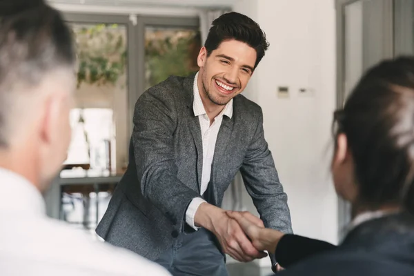 Business Career Placement Concept Happy European Man Wearing Suit Rejoicing — Stock Photo, Image