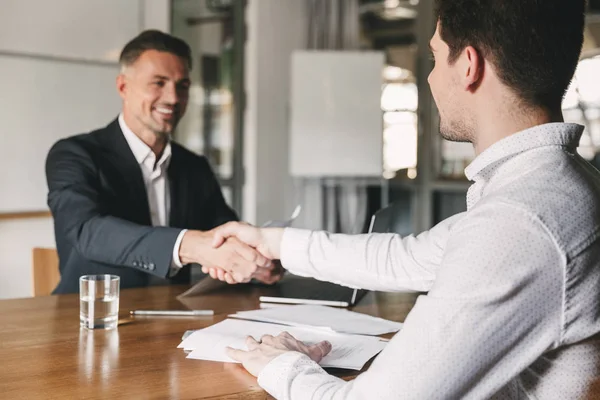 Business Career Placement Concept Successful Young Man Smiling Handshaking European — Stock Photo, Image