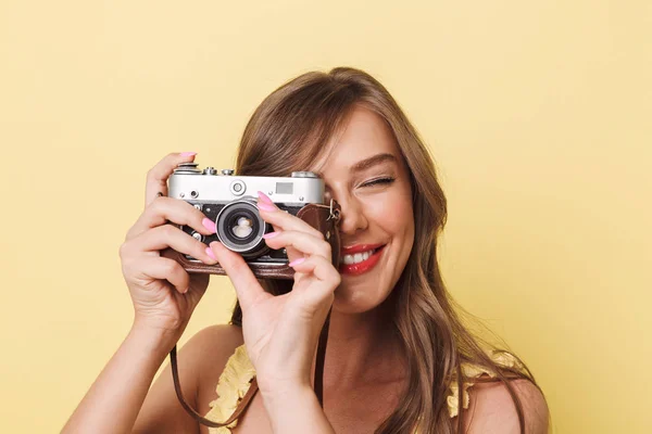 Close Portrait Smiling Young Girl Taking Picture Photo Camera Isolated — Stock Photo, Image