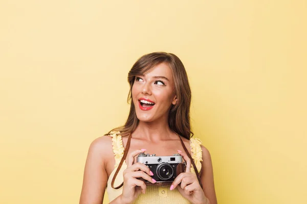 Portrait Happy Young Girl Holding Photo Camera Looking Copy Space — Stock Photo, Image