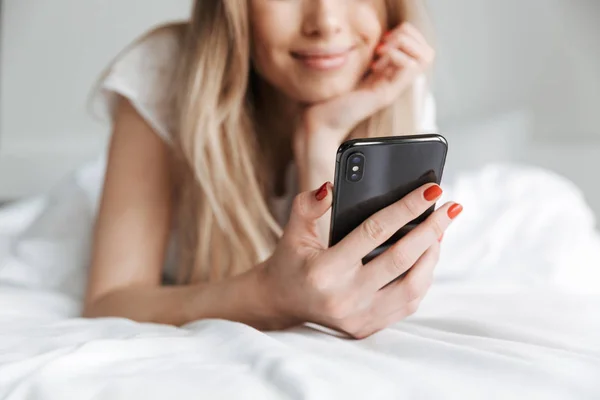 Cropped Photo Young Beautiful Pretty Woman Lies Bed Indoors Home — Stock Photo, Image