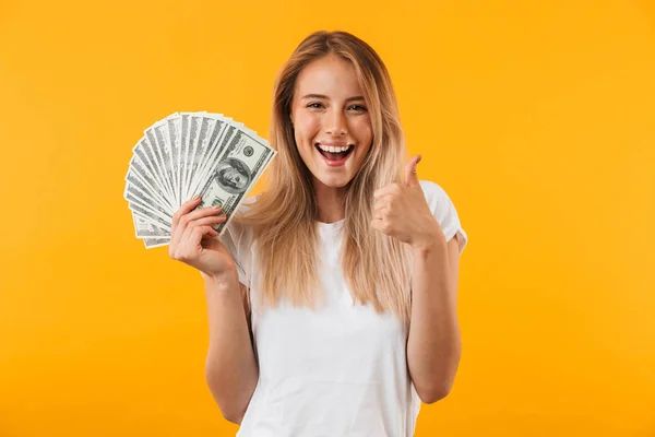Portrait Smiling Young Blonde Girl Showing Bunch Money Banknotes Giving — Stock Photo, Image