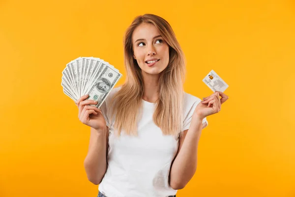 Portrait Smiling Pensive Young Blonde Girl Showing Bunch Money Banknotes — Stock Photo, Image