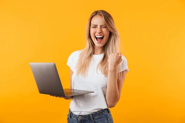 Portrait Excited Young Blonde Girl Holding Laptop Computer Celebrating Success — Stock Photo, Image