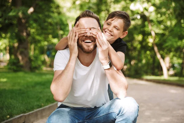 Image Happy Little Son Covering Eyes His Cheerful Father Have — Stock Photo, Image