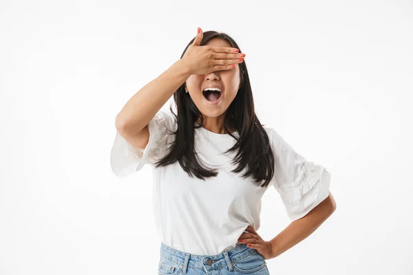 Imagem Excitado Jovem Asiático Mulher Isolado Sobre Branco Parede Fundo — Fotografia de Stock