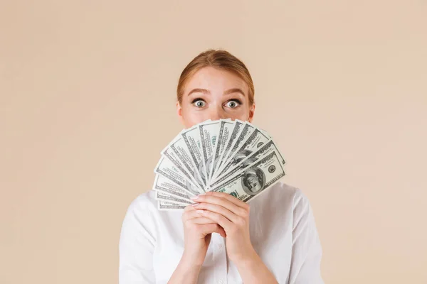 Portrait Excited Businesswoman Showing Money Banknotes Isolated Beige Background — Stock Photo, Image