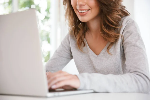 Cropped Image Cheerful Young Lady Sitting Classroom Using Laptop Computer — Stock Photo, Image