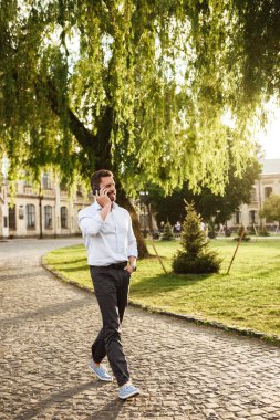 Parktan güneşli günde yürümek ve konuşmak smartphone formal giyim gülümseyen ciddi adam fotoğrafı tam uzunlukta