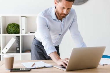 Konsantre sakallı yakışıklı bir kenara dizüstü bilgisayar kullanan arıyorsunuz çalışma office görüntü.