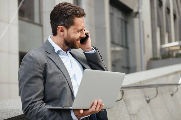 Photo Happy Businesslike Man 40S Gray Suit Working Silver Laptop — Stock Photo, Image