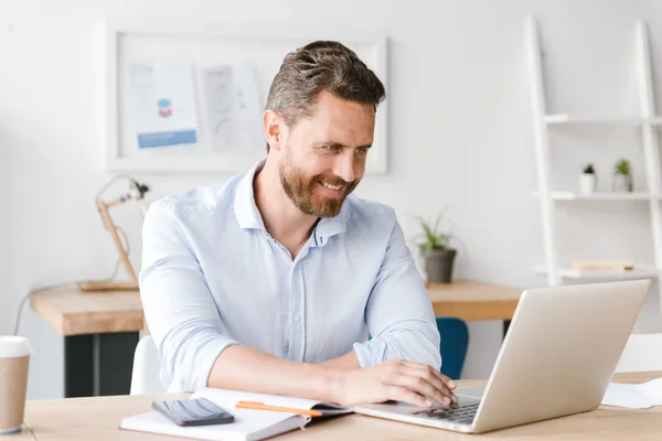 Lächelnder Geschäftsmann Arbeitet Laptop Während Büro Schreibtisch Sitzt — Stockfoto