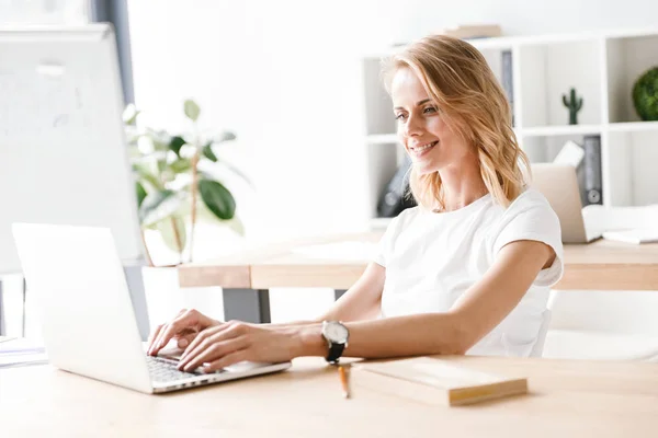 Confident Businesswoman Working Laptop Computer While Sitting Office Desk — Stock Photo, Image