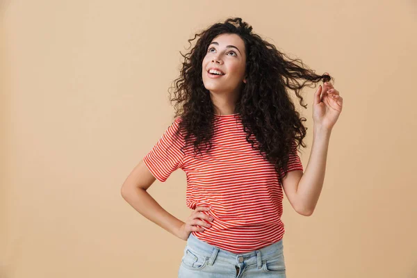 Image Cute Dreaming Young Woman Standing Isolated Beige Wall Background — Stock Photo, Image