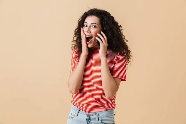 Portrait Excited Young Girl Curly Hair Talking Mobile Phone Celebrating — Stock Photo, Image