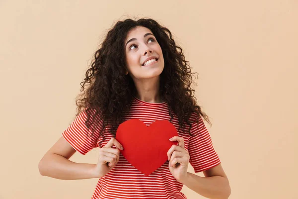 Foto Una Joven Feliz Aislada Sobre Fondo Pared Beige Mirando —  Fotos de Stock