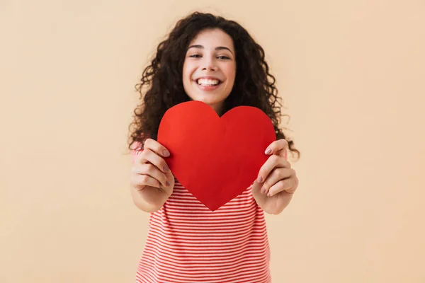 Smiling Lovely Girl Showing Big Paper Heart Looking Camera Isolated — Stock Photo, Image