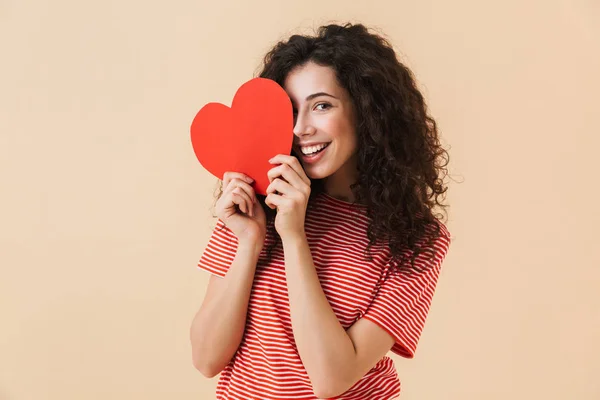 Foto Una Joven Feliz Aislada Sobre Fondo Pared Beige Mirando —  Fotos de Stock