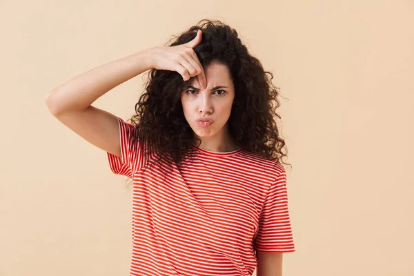 Image Angry Young Curly Woman Isolated Beige Background Looking Camera — Stock Photo, Image