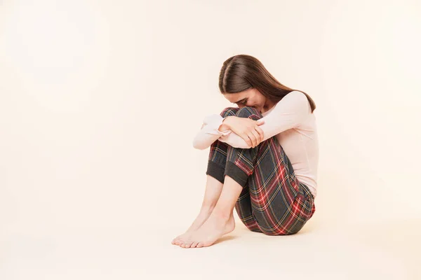 Portrait Upset Young Brunette Girl Suffering Depression Isolated Pink Background — Stock Photo, Image