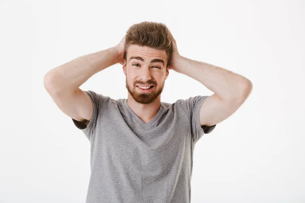 Imagen Joven Confundido Parado Aislado Sobre Fondo Pared Blanco Mirando — Foto de Stock