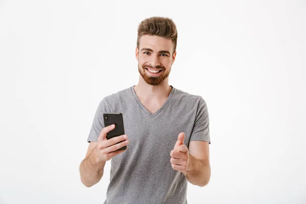 Imagen Joven Guapo Feliz Parado Aislado Sobre Fondo Blanco Pared — Foto de Stock