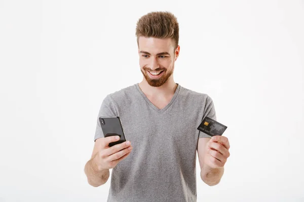 Afbeelding Van Boven Witte Muur Achtergrond Creditcard Mobiele Telefoon Houden — Stockfoto