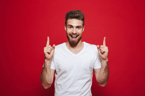 Image Handsome Happy Young Man White Shirt Isolated Red Background — Stock Photo, Image