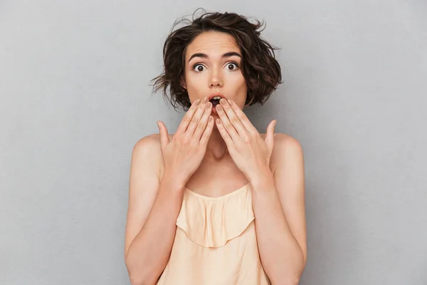 Portrait Shocked Young Woman Hands Her Face Open Mouth Isolated — Stock Photo, Image