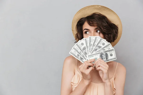 Portrait Pretty Young Woman Summer Hat Holding Bunch Money Banknotes — Stock Photo, Image
