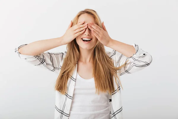 Portrait Cheerful Young Casual Girl Covering Eyes Hands Isolated White — Stock Photo, Image