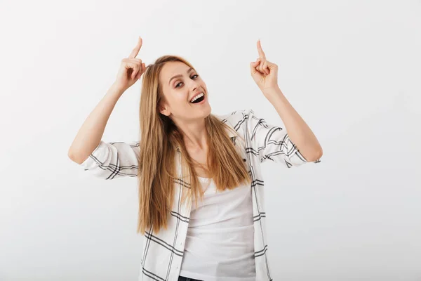 Portrait Excited Young Casual Girl Pointing Fingers Isolated White Background — Stock Photo, Image