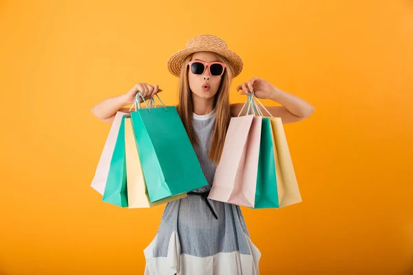 Portrait Lovely Young Blonde Woman Summer Hat Sunglasses Holding Shopping — Stock Photo, Image