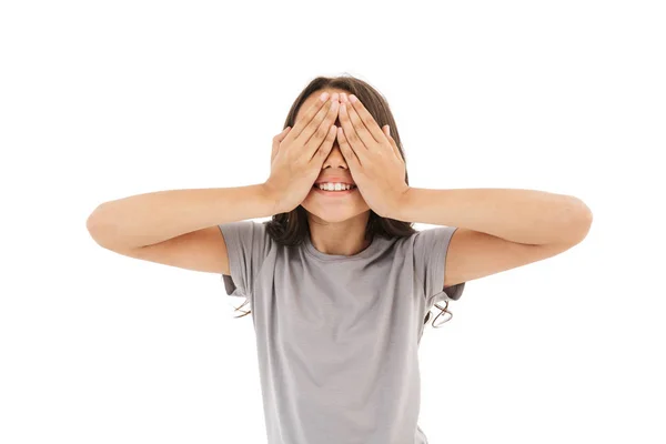 Imagem Menina Bonito Isolado Sobre Fundo Parede Branca Cobrindo Olhos — Fotografia de Stock