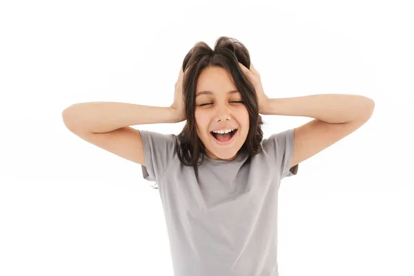 Imagem Menina Engraçada Isolado Sobre Fundo Parede Branca — Fotografia de Stock