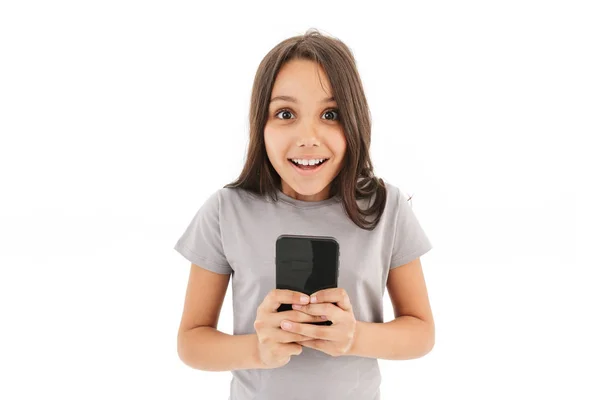 Foto Menina Feliz Animado Isolado Sobre Fundo Parede Branca Usando — Fotografia de Stock