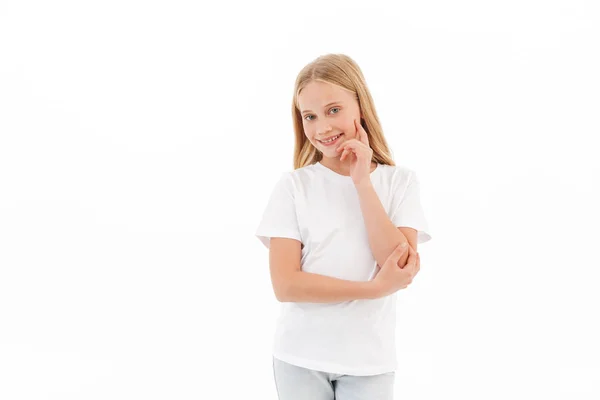 Obraz Słodkie Dziewczyny Stojącej Pozowanie Białym Tle Białej Ściany — Zdjęcie stockowe