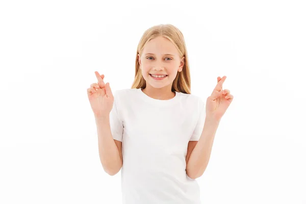 Foto Menina Bonita Isolado Sobre Fundo Parede Branca Fazer Gesto — Fotografia de Stock