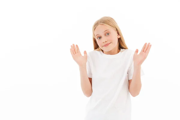 Foto Menina Confusa Isolado Sobre Fundo Parede Branca — Fotografia de Stock