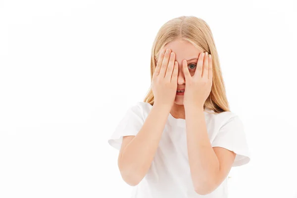 Scared Young Blonde Girl Casual Clothes Covering Her Face Looking — Stock Photo, Image