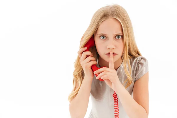 Mysterium Ung Blond Tjej Klänning Talar Telefon Samtidigt Visar Tystnad — Stockfoto