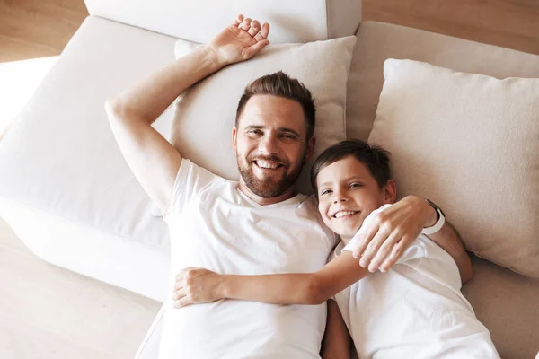 Top View Happy Father His Son Laying Together Couch — Stock Photo, Image