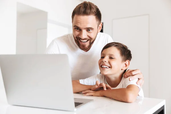 Portrait Joyous Satisfied Man 30S Boy Smiling While Looking Silver — Stock Photo, Image