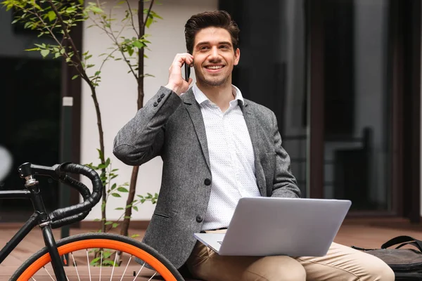 Charming Young Businessman Dressed Suit Talking Mobile Phone While Working — Stock Photo, Image