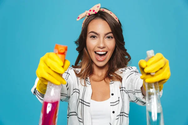 Portrait Closeup Smiling Housewife 20S Yellow Rubber Gloves Hands Protection — Stock Photo, Image