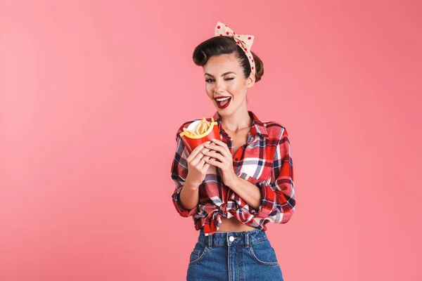 Imagen Joven Feliz Pin Mujer Aislada Sobre Pared Fondo Rosa —  Fotos de Stock