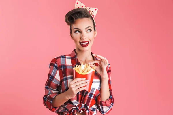 Retrato Una Hermosa Morena Hermosa Pin Mujer Diadema Comiendo Papas — Foto de Stock