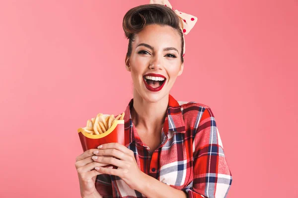 Foto Van Tevreden Lachen Pin Jongedame Geïsoleerd Roze Achtergrond Muur — Stockfoto