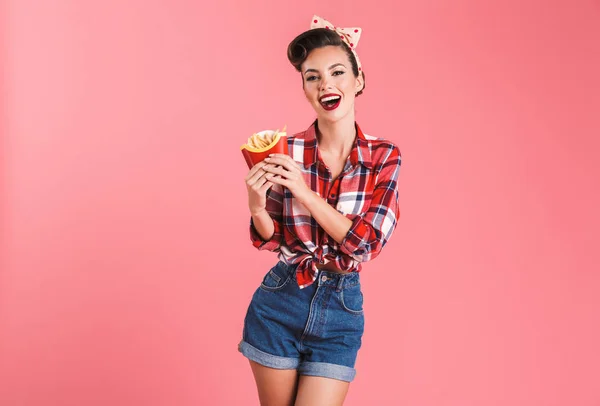 Imagen Joven Feliz Pin Mujer Aislada Sobre Pared Fondo Rosa —  Fotos de Stock